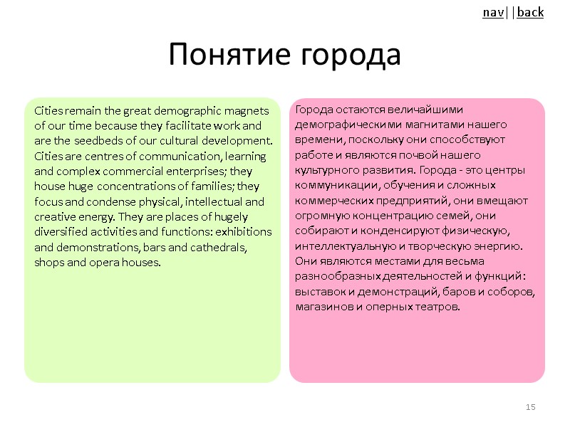 Понятие города Cities remain the great demographic magnets of our time because they facilitate